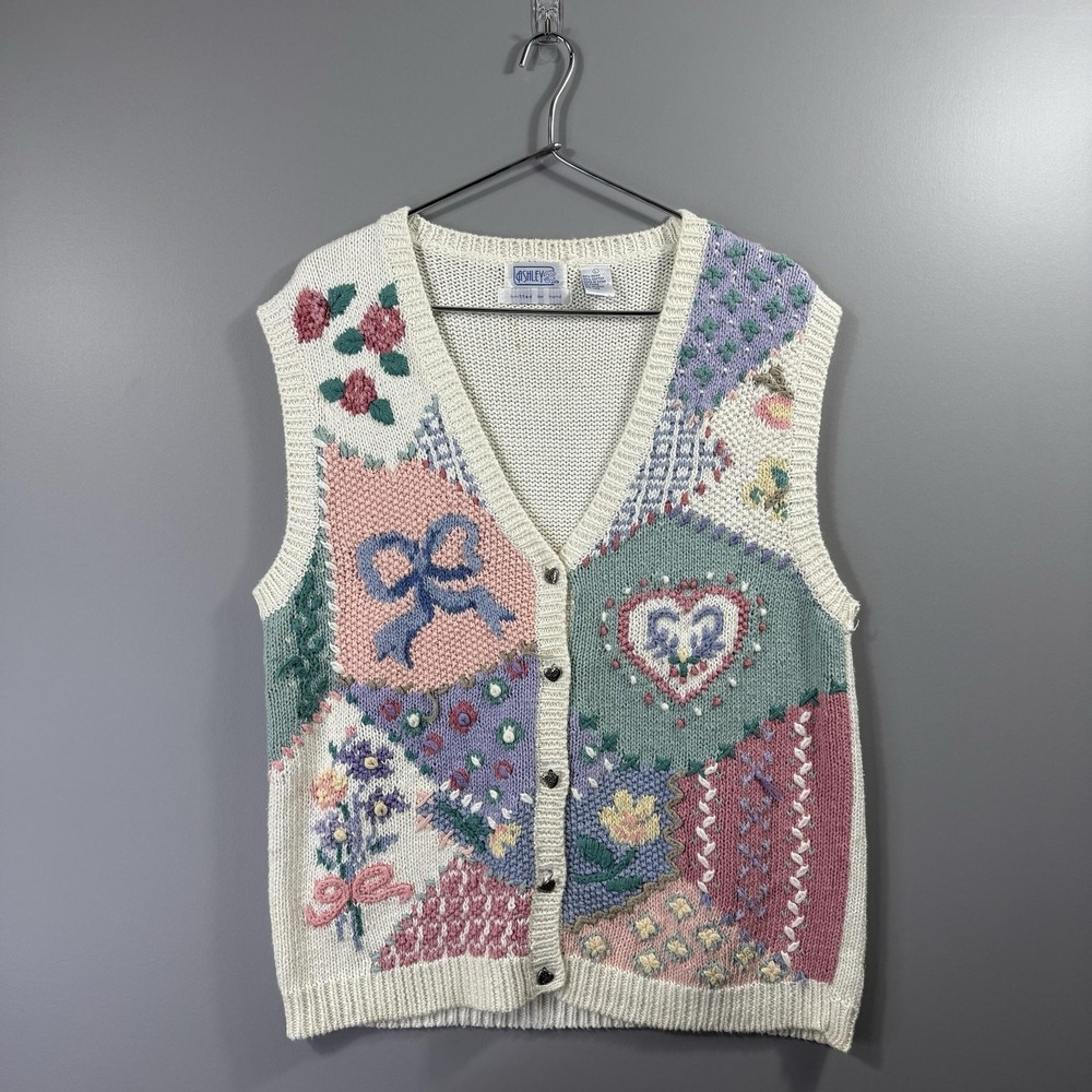 Vintage Ashley Sweater Vest Womens Large Multicolor Patchwork Floral Heart Knit